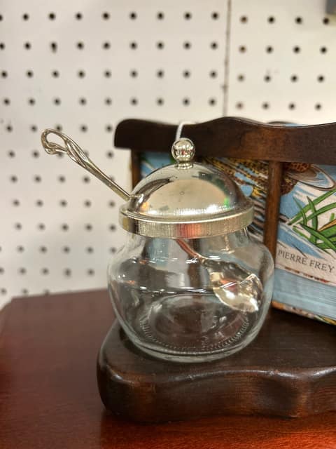 Glass sugar bowl with spoon silver