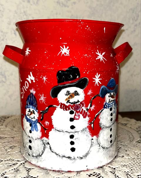 Painted Snowmen on Red Milk Can Replica