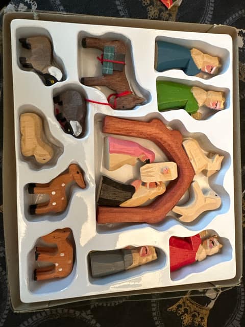 Vintage 1980s wooden carved nativity set by Lily Vernon