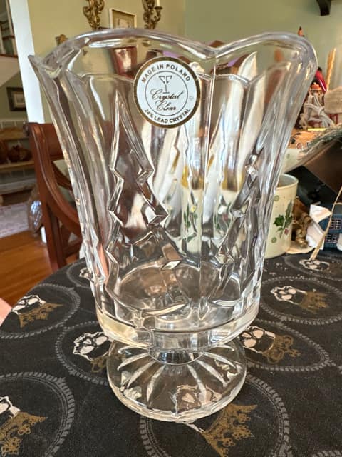 Crystal footed vase with cut Christmas trees made in Poland by crystal clear