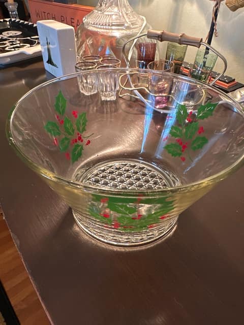 Vintage glass Christmas bowl with Holly decorations
