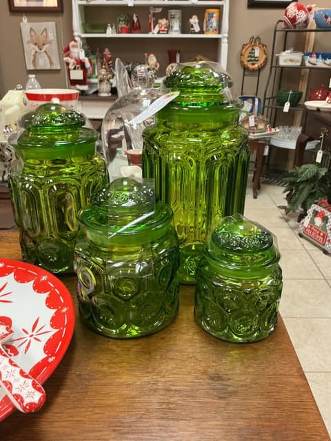Vintage LE Smith Moon & Stars Green Glass Canisters with Lids set of 4