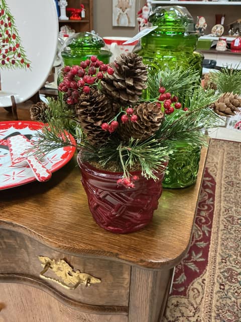 Red Planter with Holly and pinecone